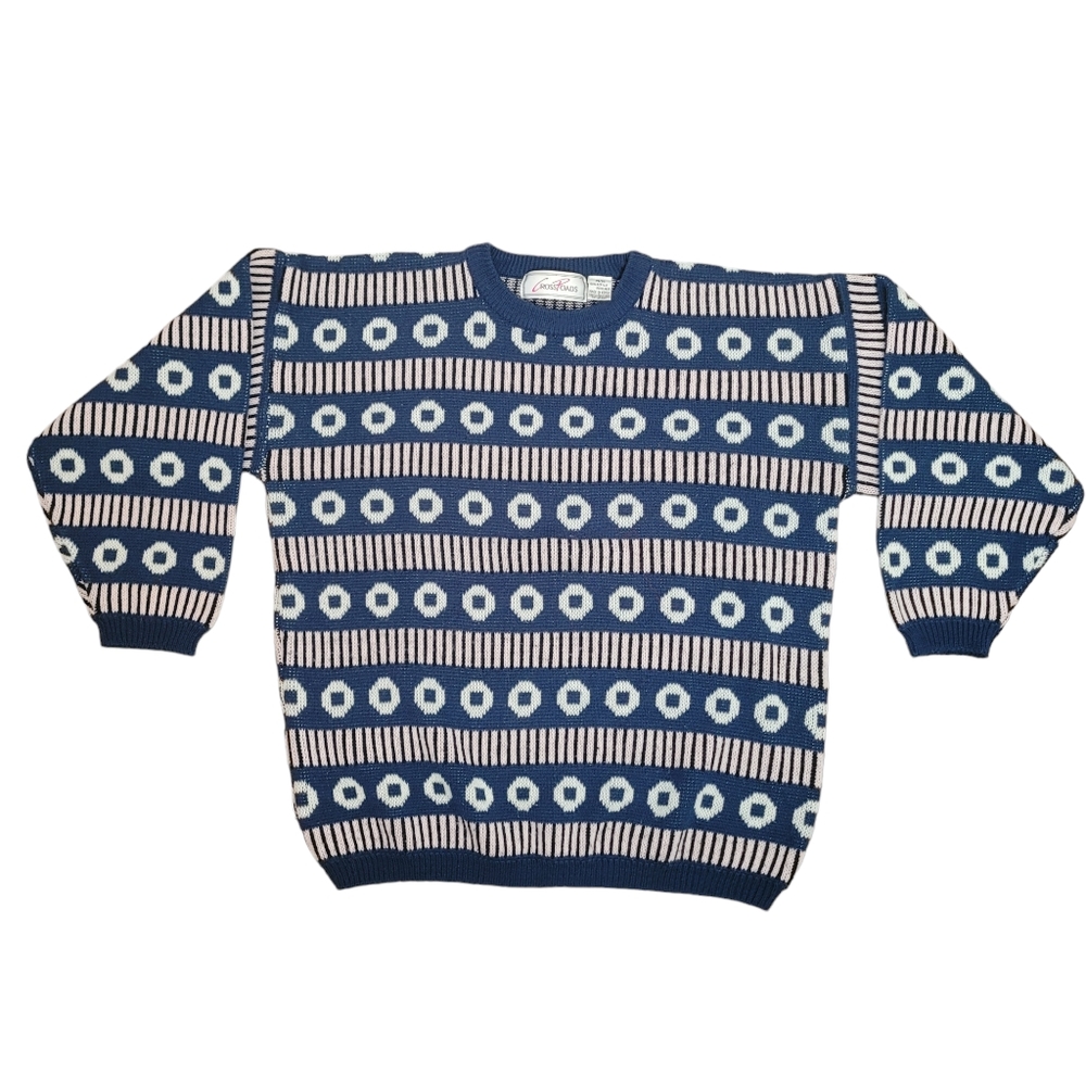 Vintage 80's funky men's blue white and pink knit sweater size medium